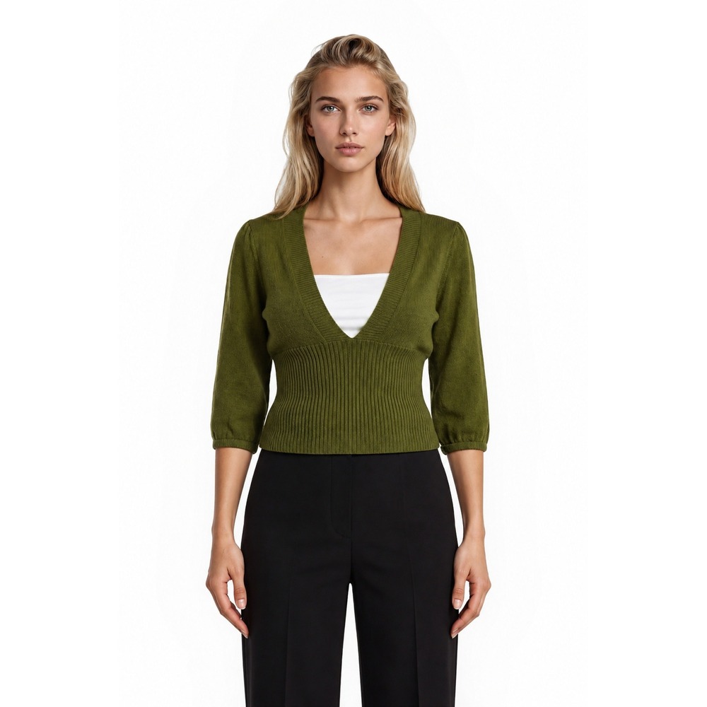 Moth Anthropologie Sweater Women's Size Medium Green V Neck Puff Sleeve Ribbed